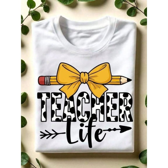 Women's Teacher Life Graphic T-Shirt, 100% Cotton Cow Print Teacher Lettering with Pencil and Yellow Coquette Bow, Crew Neck Short Sleeve Back to School Gift