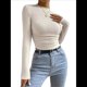 thumbnail image 3 of Tops de Punto Gofre para Mujer, Camisas de Larga, Camisetas Informales Ajustadas con Cuello Redondo, Jerséis Albaricoque M, 3 of 9