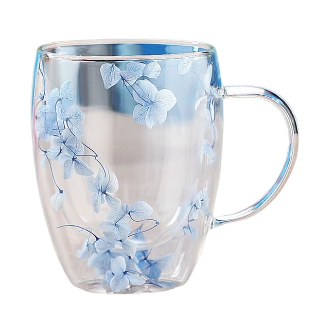 Bearachild Taza de cristal con flores, doble pared, transparente, fusiones florales, taza de té, flores secas, tazas de café de 350ml, florales Mostrada do