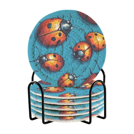

Watercolor Cute Ladybug Drink Coasters with Holder Absorbent Coaster for Coffee Table Room Decor 6 Pack