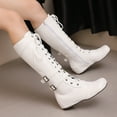 thumbnail image 4 of Xfvqtps Womens Western Boots with Buckle Winter Fashion Lace up Ankle Booties Low Heel Side Zipper Comfortable Mid Calf Boots White, 4 of 5