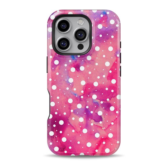 DesignSkinz Scratch-Resistant Hard Slim Case Compatible with iPhone 16 (Compatible with MagSafe) - White Polka Dots Over Pink Watercolor Grunge
