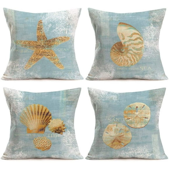 HTOOQ 4 Pack Ocean Park Theme Home Decorative Pillowcase Sea Starfish Conch Cotton Linen Throw Pillow Case Cushion Cover Pillow Sham for Sofa Couch 18\u2019\u2019x18\u2019\u2019,Baby Blue