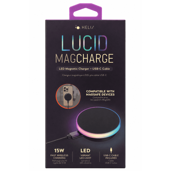 Helix Lucid Chargeur Sans Fil Qi 15 W avec MagSafe, Câble de 0,97 m (3,2 Pi), Base de Recharge Rapide Magnétique pour iPhone et Appareils Compatibles Qi – Noir