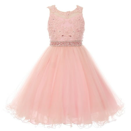 - Girls Blush Rhinestone Pearl Beaded Mesh Junior Bridesmaid Dress 8-16