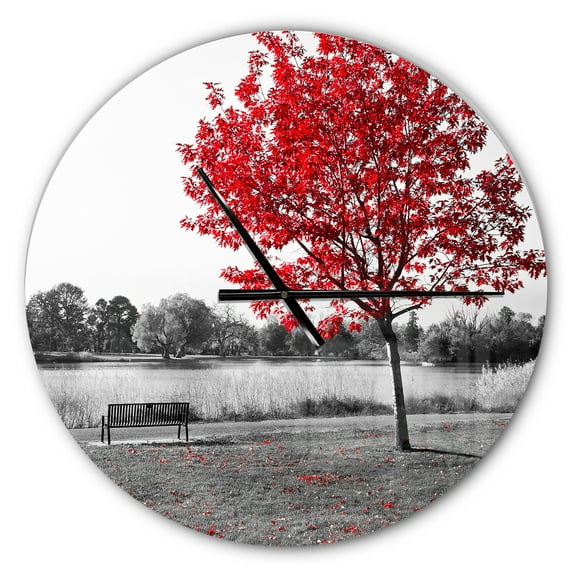 Designart 'Red Tree over Park Bench ' Modern wall clock