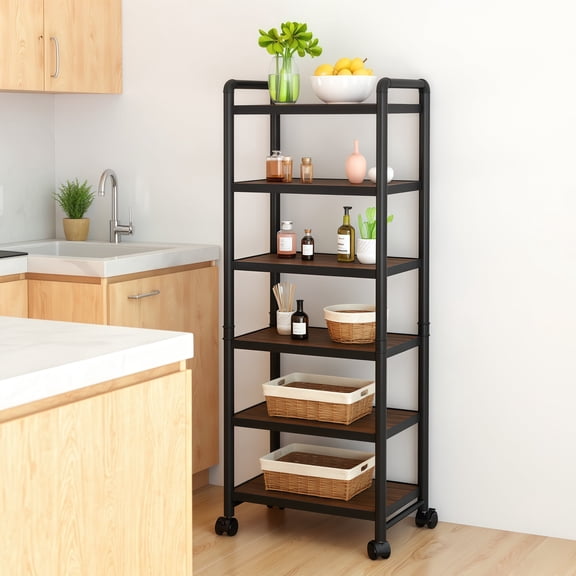 LinkRomat Slim Rolling Storage Cart 6 Tier Bathroom Organizer Mobile Shelving Unit Utility Cart Tower Rack for Kitchen Laundry Narrow Places, Black