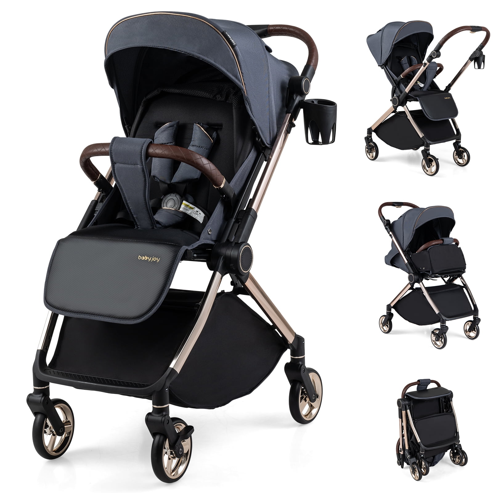 Babyjoy Foldable Baby Stroller with Reversible Handle Adjustable Backrest Canopy Cup Holder Black
