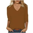 thumbnail image 2 of Aboser 3/4 Sleeve Tops for Women Summer Basic Shirts Solid Color V Neck Tee Shirt Casual Loose Fits Blouses Cozy Soft Tunic Top Coffee XXL, 2 of 5
