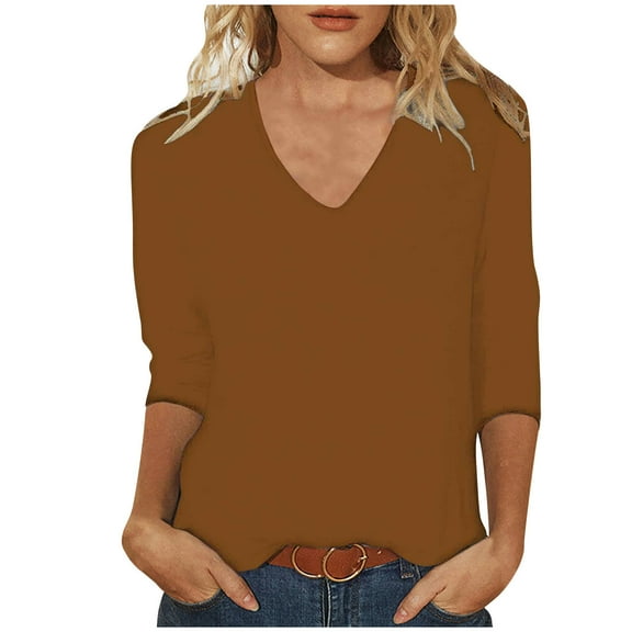 Scyoekwg Womens Fall Trendy 3/4 Sleeve Tops Solid Color Lightweight V-Neck Three Quarter Sleeve T Shirt Casual Loose Fit Blouse Tops Coffee S(4)