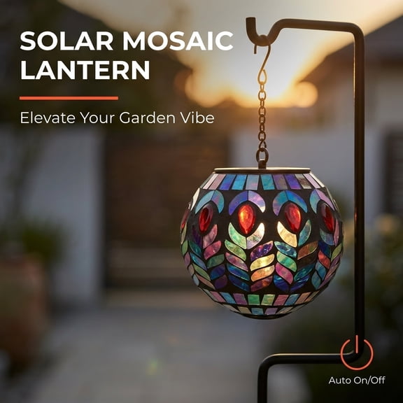 Hanging Solar Lanterns Mosaic Solar Lights with Hook Up, Outdoor Garden Lights Decor for Yard Tree Fence Patio