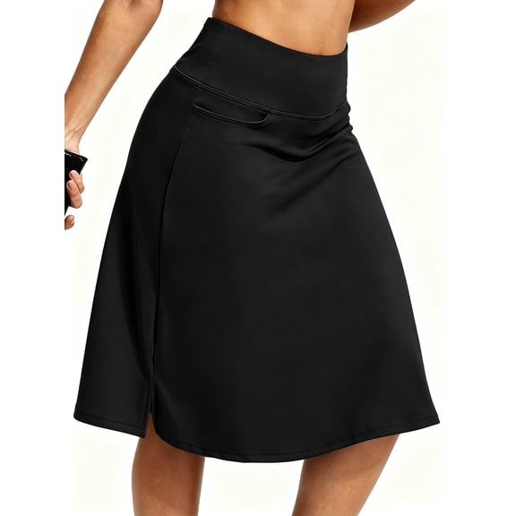 DENTOYOU Skirts for Women Knee Length Skort Zipper Pockets Women's High Waist Casual Athletic Golfs Tennis Skirt UV Protection Black L