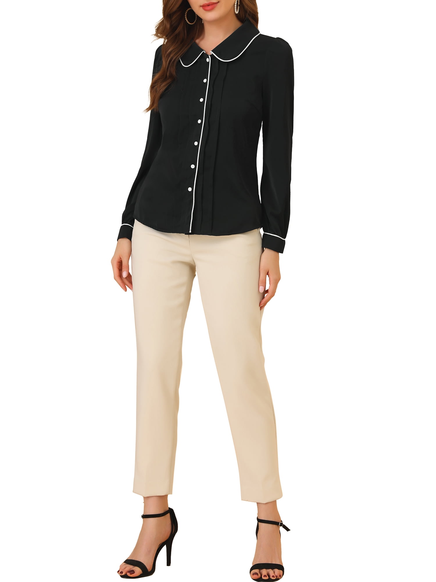 DARING DIVA Women's Peter Pan Collar Puff Sleeve Work Blouse XL Black
