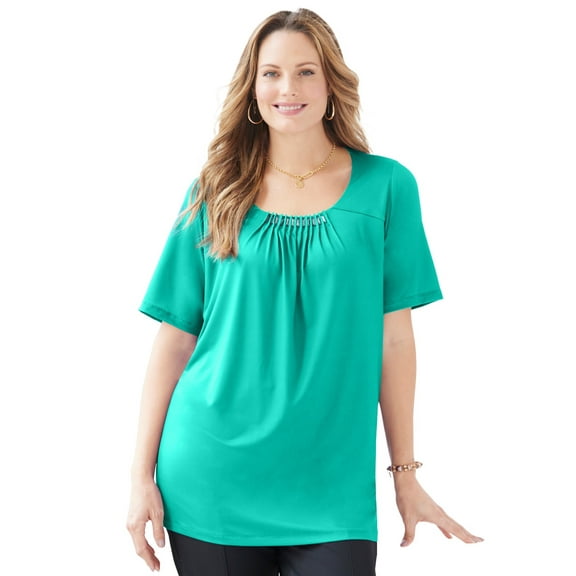 Catherines Women's Plus Size Jeweled Neck Pintuck Top