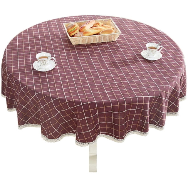 Heavy Weight Cotton Linen Tablecloth Lace Plaid Round Table Cloth for Kitchen Dining Room Tabletop Decoration, 62" - Round, Burgundy