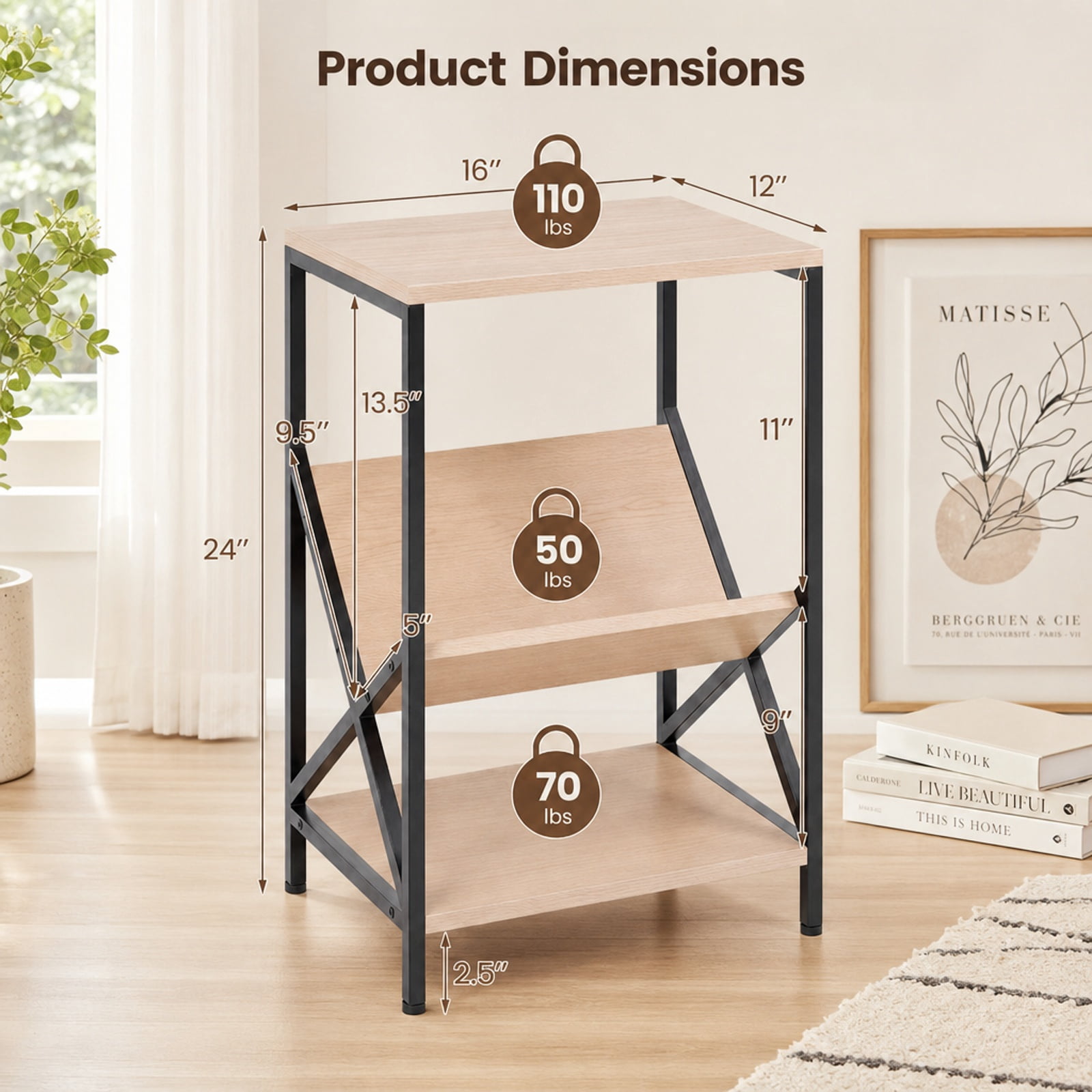 Furnibear 3-Tier Industrial Side Table with V-Shaped Bookshelf Magazine Holder and Steel Frame for Living Room and Bedroom, Natural