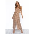thumbnail image 4 of Women's Off Shoulder Jumpsuit Printed Belted Elastic Waist Wide Leg Romper with Pockets, Apricot, Small, 4 of 5