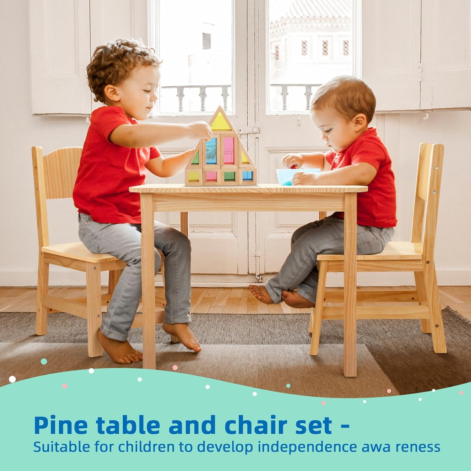 Solid Wooden Kids Table and Chair Set, Stable and Sturdy, Toddler Table and 2 Chairs Set for Arts, Crafts, Reading, Preschool, Kindergarten, Playroom