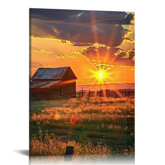 Pratyus Sunset Farm Barn Canvas Wall Art Home Decoration Ready to Hang - Perfect Gift for Home Decor 16x20in