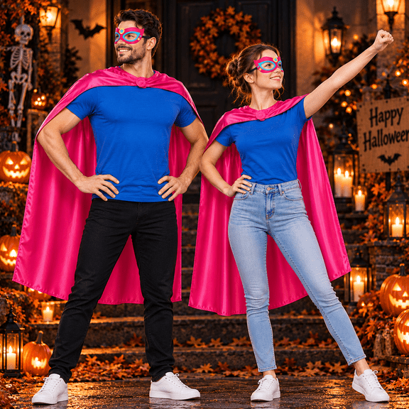 Adult Superhero Cape and Mask Set, Satin Costume Cape with Felt Mask, Men Women Super Hero Dress‑up Outfit for Halloween Cosplay Themed Party