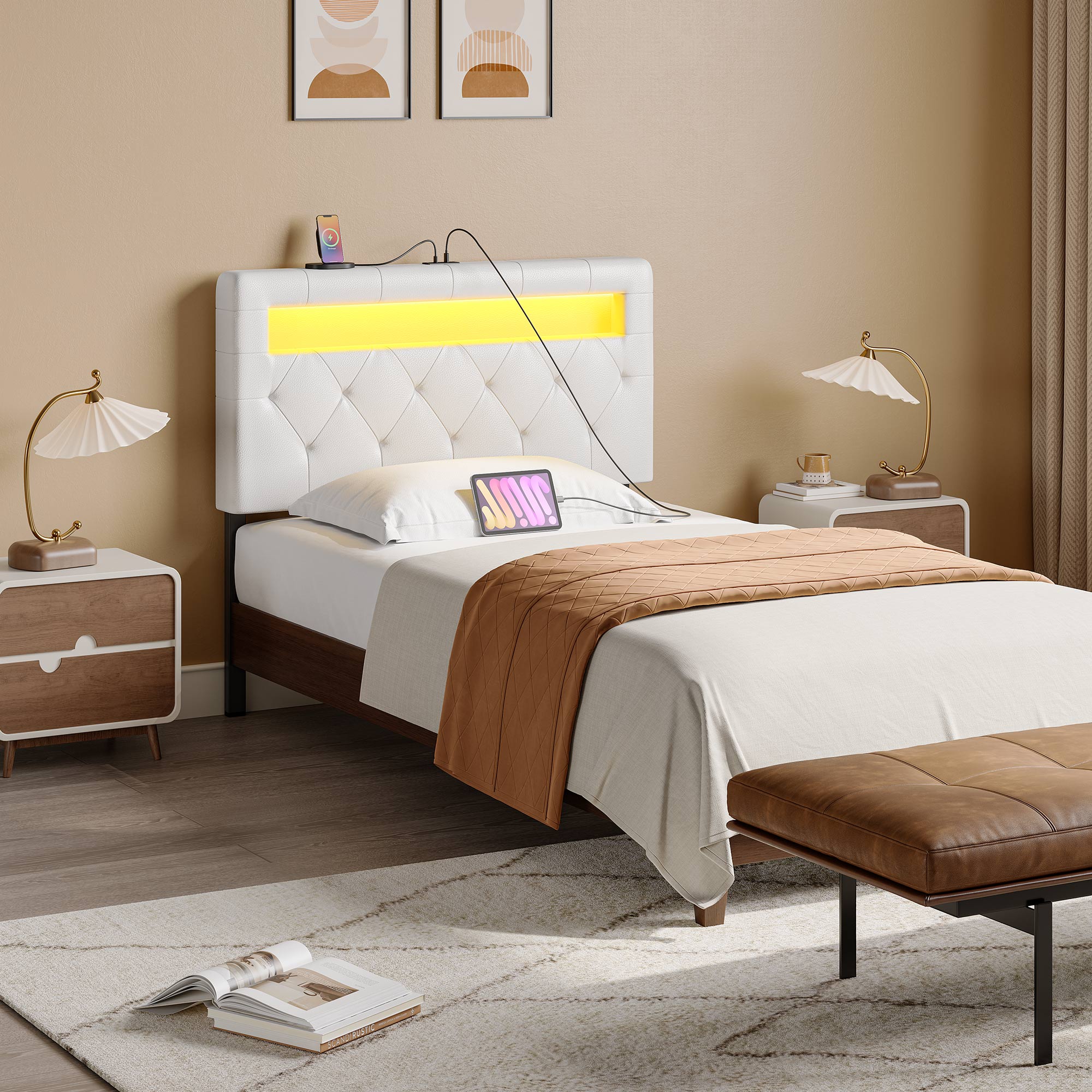 Rolanstar Twin Size Headboard Only - Wall Mount Upholstered Head Board with LED Lights, Charging Station & Soft Padding,White