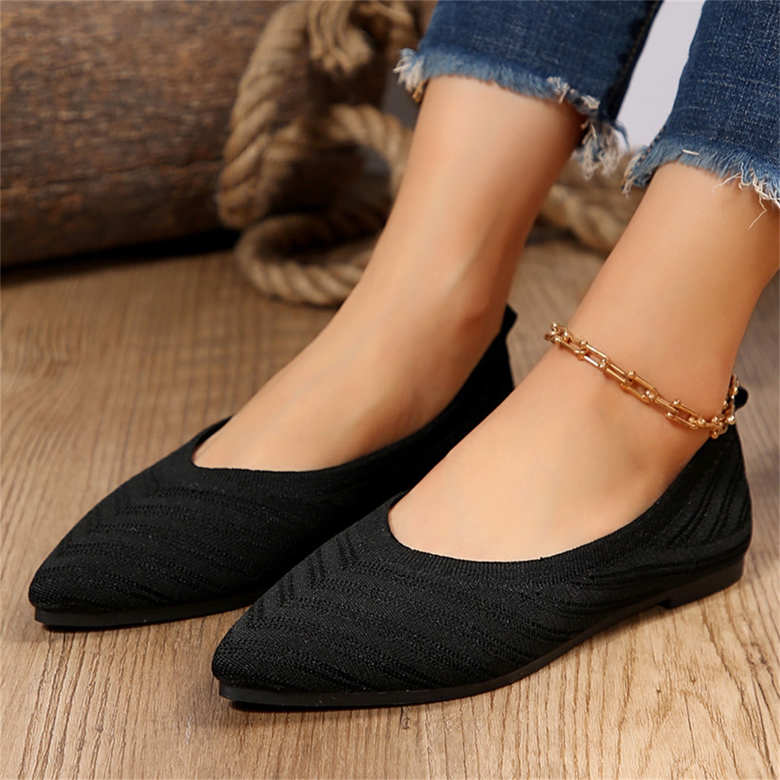 Adult Women Shoes Wedge House Shoes Ladies Casual Pointed Toe Fly Woven Striped Shallow Mouth Flat Bottom Large Size Knitted Shoes Single Female