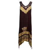 Mogul Women Midi Dress Brown Embroidered Fit & Flared Sundress Summer Sleeveless Resort Beach Cover Up Dress M