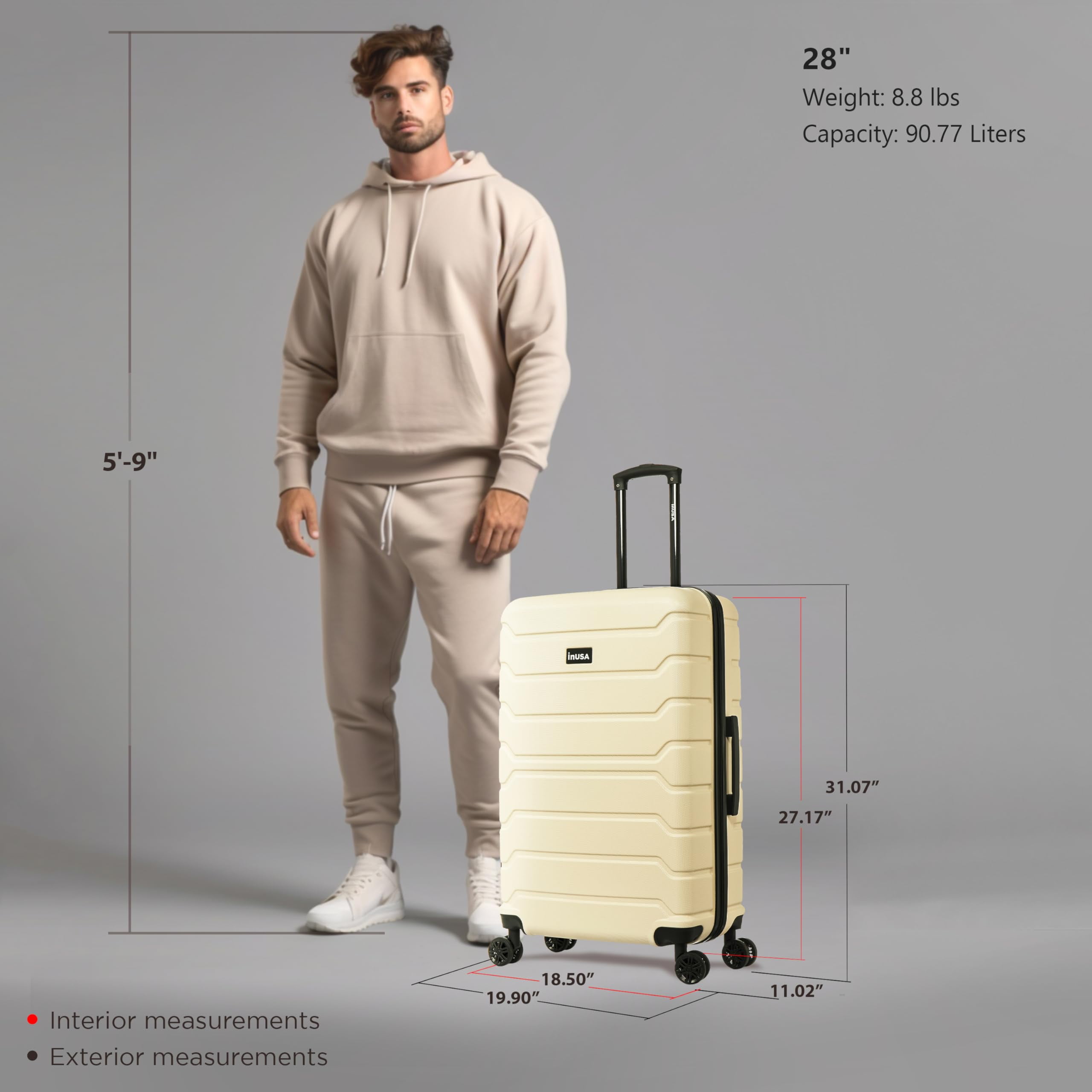 InUSA Trend 28" Hardside Lightweight Luggage with Spinner Wheels, Handle, and Trolley, Sand