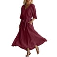 thumbnail image 2 of Uscallm Women Plus Size V Neck 3/4 Sleeve Tie Flowy Boho Maxi Dresses for Women Solid A-Line Long Casual Travel Dresses, Wine 3XL, 2 of 6