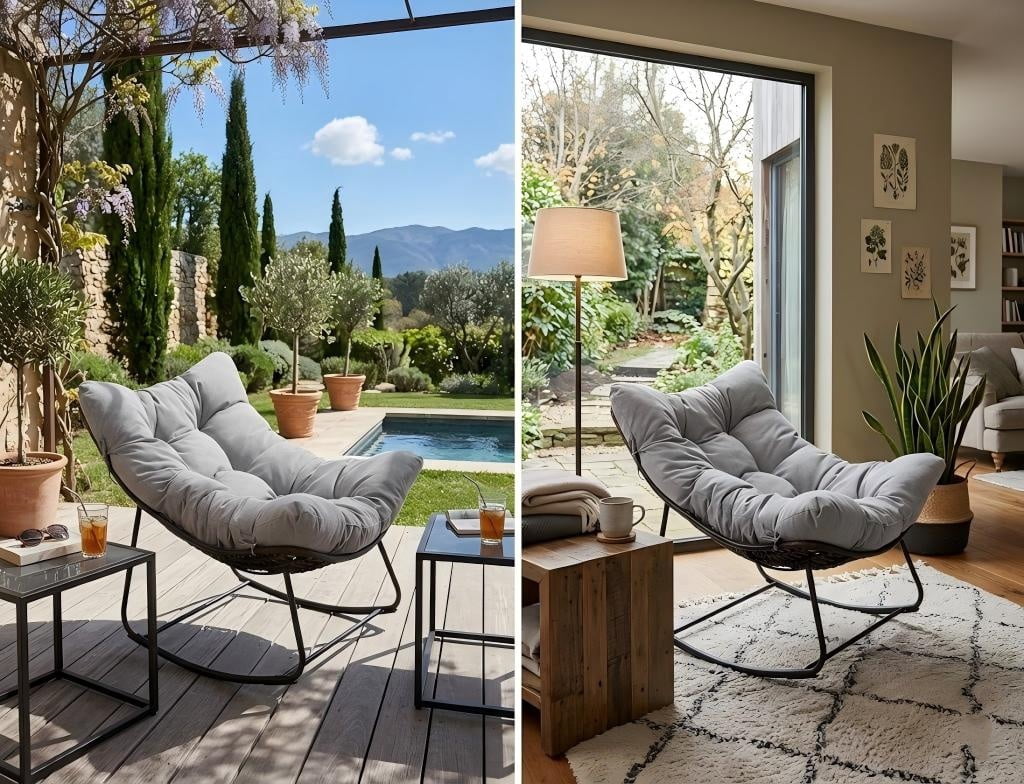 Oversized Papasan Rocking Chair with Footrest, Heavy Duty Wicker Patio Recliner Lounge Chair