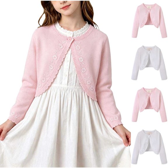 akafmk Cropped Cardigan for Girls Cotton Knit Bolero Shrug One-Button Scalloped Casual Outerwear Cute Versatile Fall Clothes, Size 1-2 Years