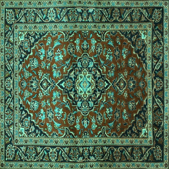 Ahgly Company Machine Washable Indoor Square Medallion Turquoise Blue Traditional Area Rugs, 7' Square