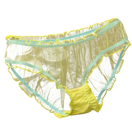 BYHONG Women s Mesh Transparent Panties Lightweight Breathable Lace Pure Cotton Crotch Low Waist Briefs Underwear Yellow One Size