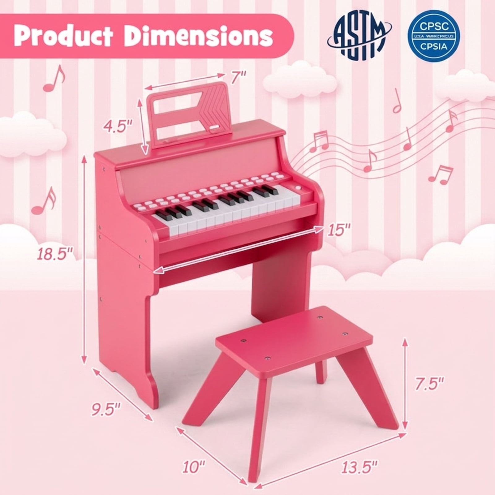 Redsmile 25-Key Kids Mini Digital Piano with Stool, Music Stand and Wooden Cabinet for Toddlers, Pink