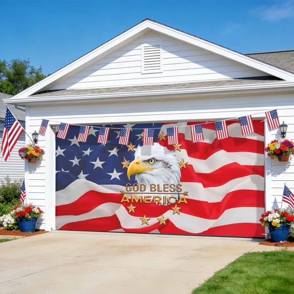 Eagle 4th of July Garage Door Cover Banner 7 x 8 FT, Independence Day Stars Flag Garage Door Curtains Backdrop with Grommets for Indoor Outdoor Wall Party Porch Yard Decorations Background