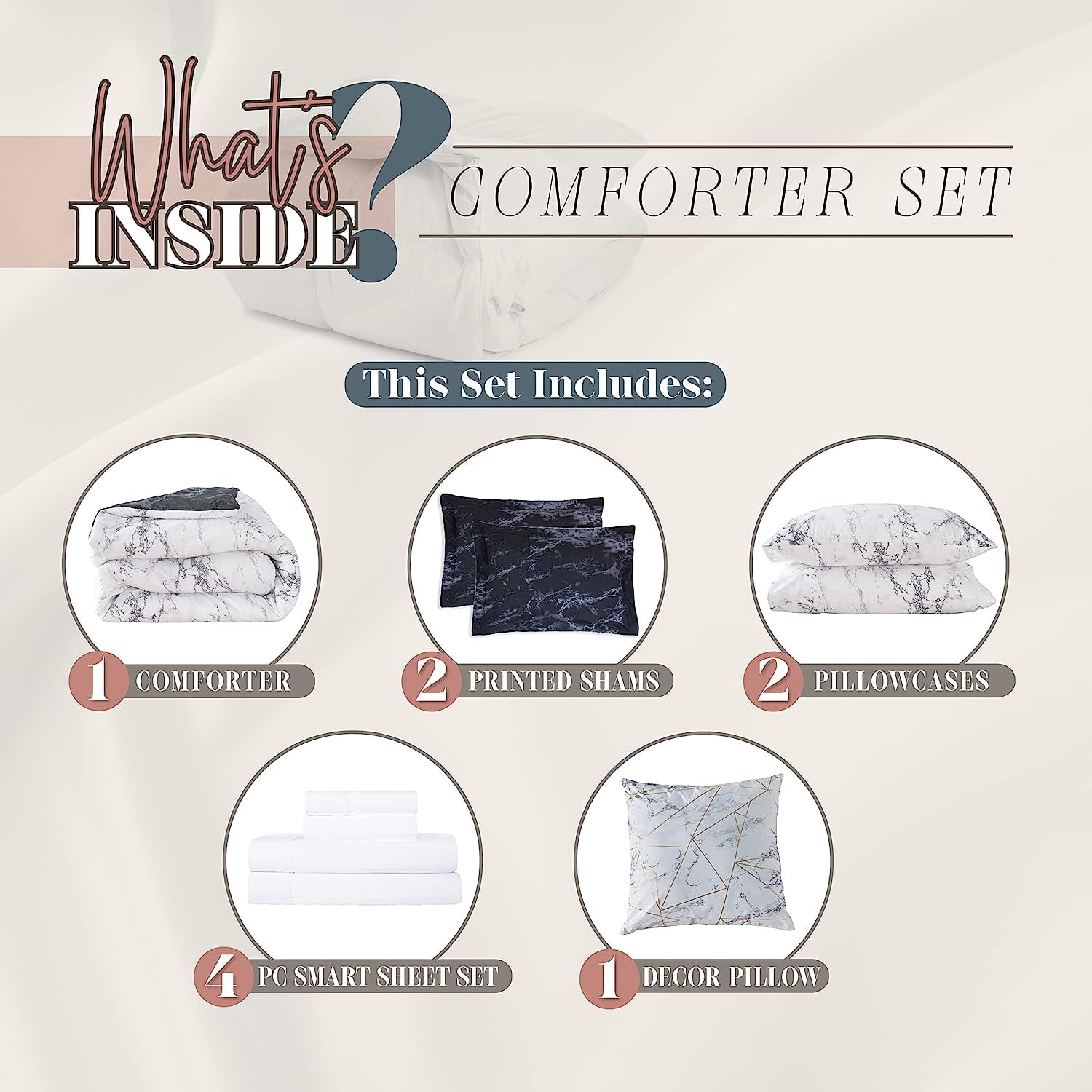 All Season 10-Piece Comforter Set - Reversible Marble Print Bedding with Plush Down Alternative Fill - Perfect for Year-Round Use, Queen Size, Black/White