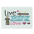 thumbnail image 1 of Live Laugh Love Cutting Board, Lively Colors Cartoon Arrows with Geometric Shapes Kiss Hearts Phrase Print, Decorative Tempered Glass Cutting and Serving Board, Large Size, Multicolor, by Ambesonne, 1 of 1