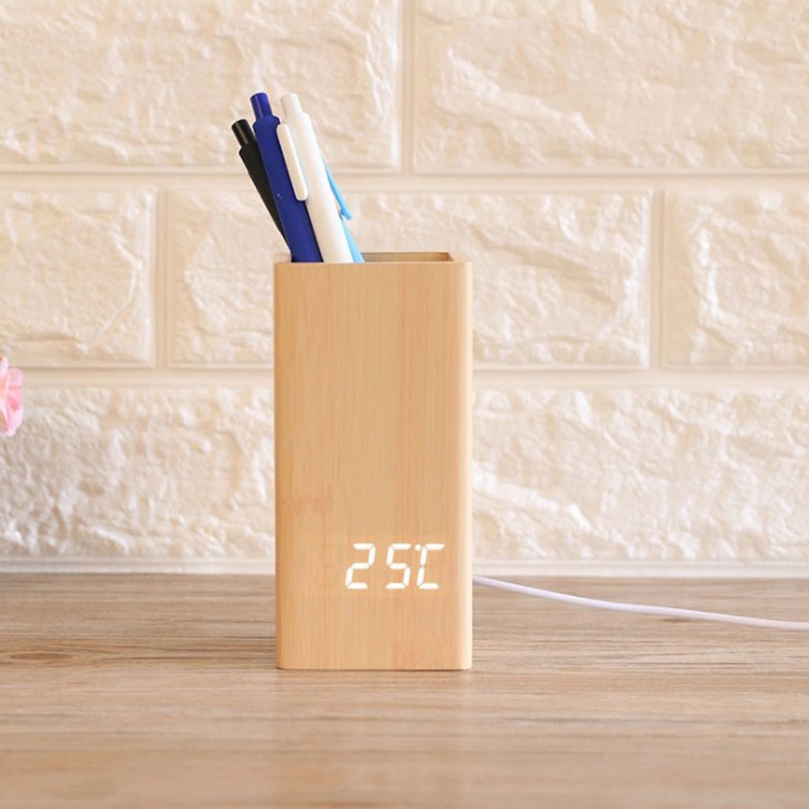 Happy date Pen Holder Wooden, with a Digital Clock and alarm, and a Wonderful LED Screen,Distinctive and Quiet Shape, Suitable and Nice