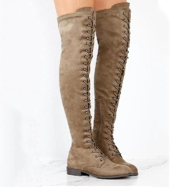 Botas sobre la rodilla para mujer Zapatos planos con cordones hasta el muslo