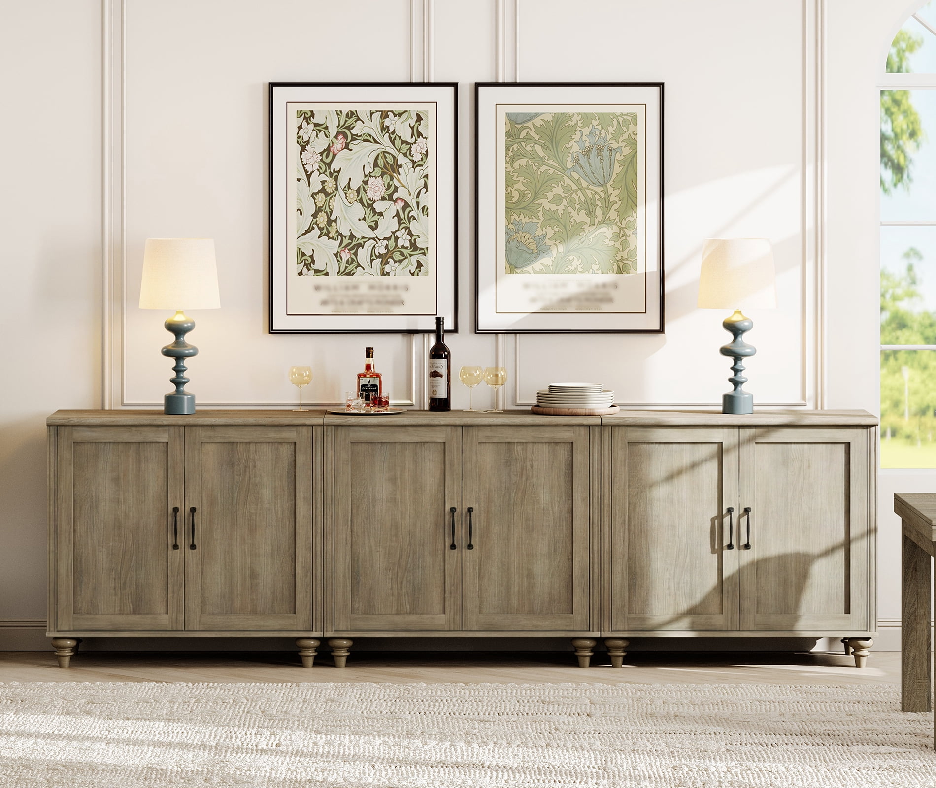 Modern Farmhouse Credenza, 101" Wash Gray Storage Sideboard with Wood Doors