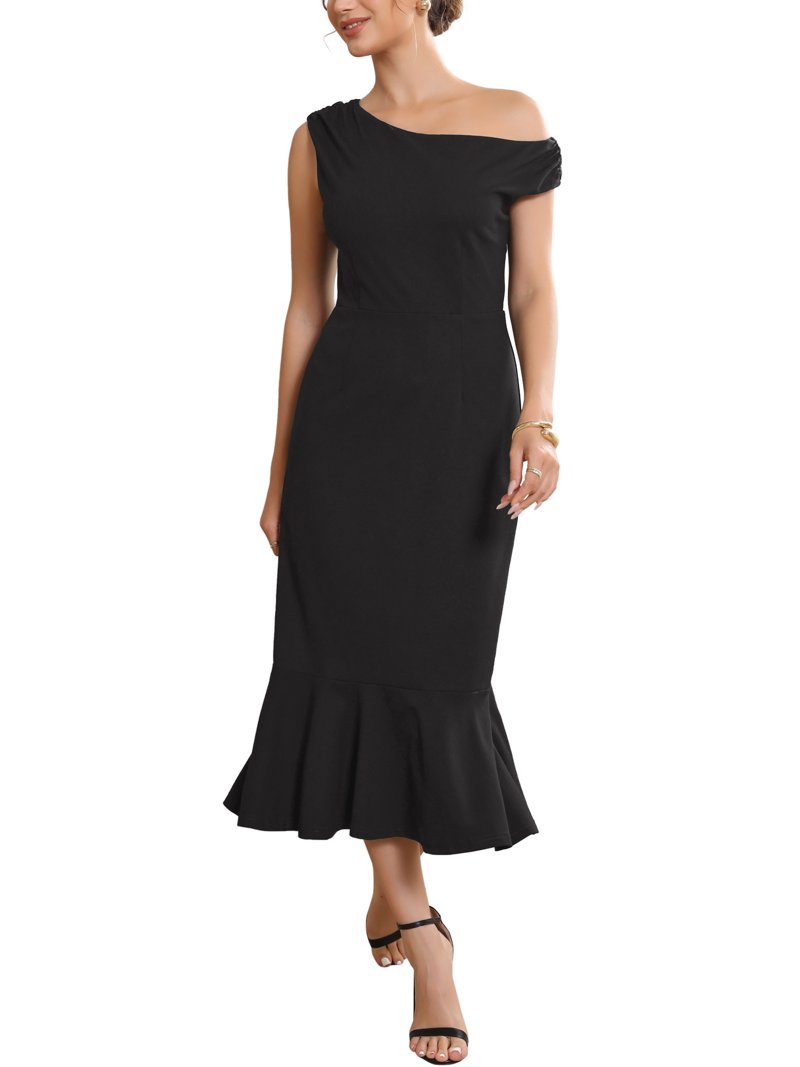 INSPIRE CHIC Women's One Shoulder Formal Dress Bodycon Fishtail Long Evening Cocktail Dresses 2XL Black