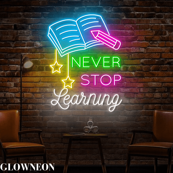 Glowneon Never Stop Learning Led Sign, School Book Store Neon Sign