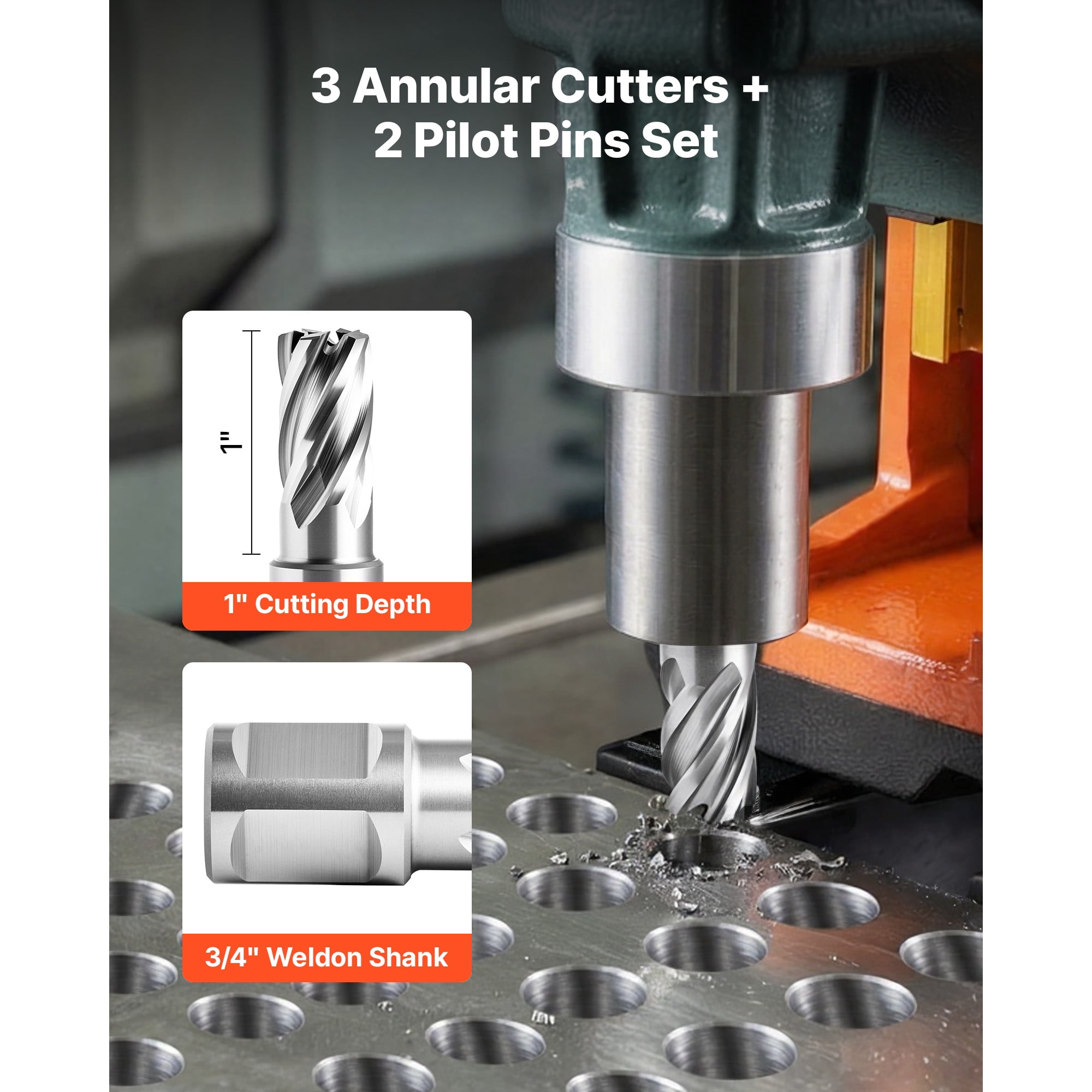 KFFKFF Annular Cutter Set, 5-Piece Weldon Shank Drill Bit Kit, 1" Depth, 1/2", 5/8", 1" Diameters, HSS Material, Includes 3 Drill Bits, 2 Pilot Pins, and 3 Plastic Cases