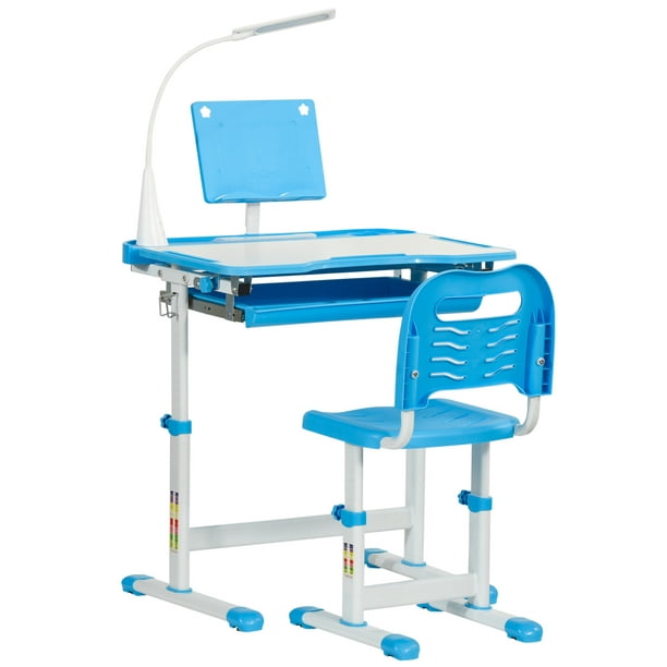 Qaba Kids Desk and Chair Set Height Student Writing Desk, Bleu