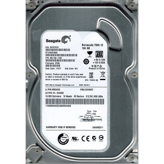 Seagate ST3160318AS P/N: 9SL13A-545 F/W: CC6B 160GB WU