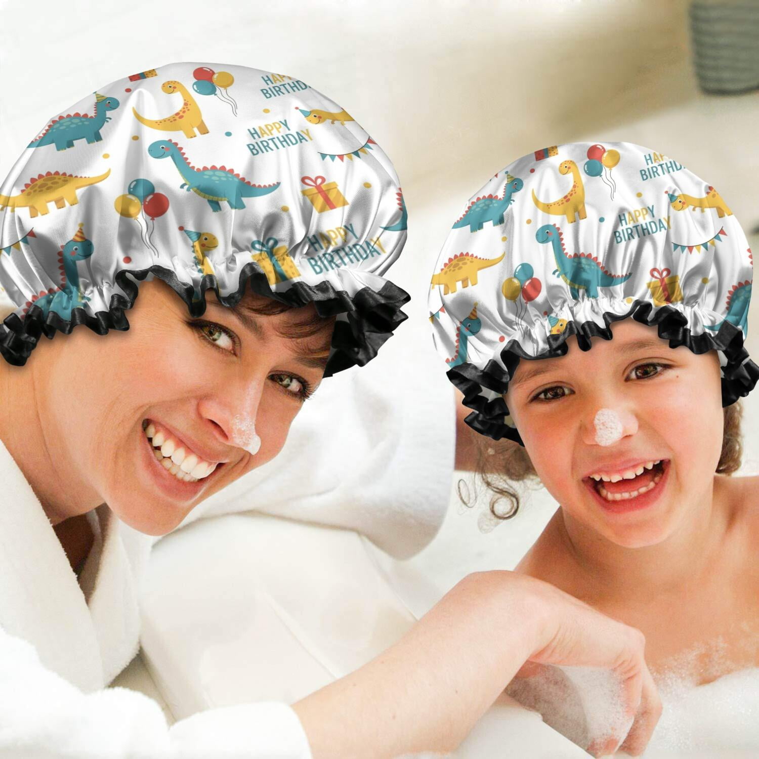 Shower Caps,White Cartoon Dinosaurs Birthday Pattern Waterproof Shower Cap for Women 4 Pieces,Double Reusable Hair Cover for Shower PEVA Elastic Stretch Hem