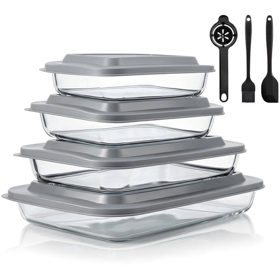 11 Pcs Deep Glass Baking Dish Set with lids/Egg Separator/Brush/Spatula, Rectangular Glass Baking Pans Bakeware Set for Lasagna, Leftovers, Cooking, Freezer-to-Oven, Gray