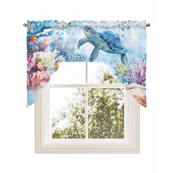 Sea Turtle Octopus Kitchen Curtains Swag Valance for Windows/Bathroom/Cafe, Coastal Coral Summer Ocean Watercolor Rod Pocket Drape Panel Swag Curtains Valance for Bedroom/Living Room 56"x36"