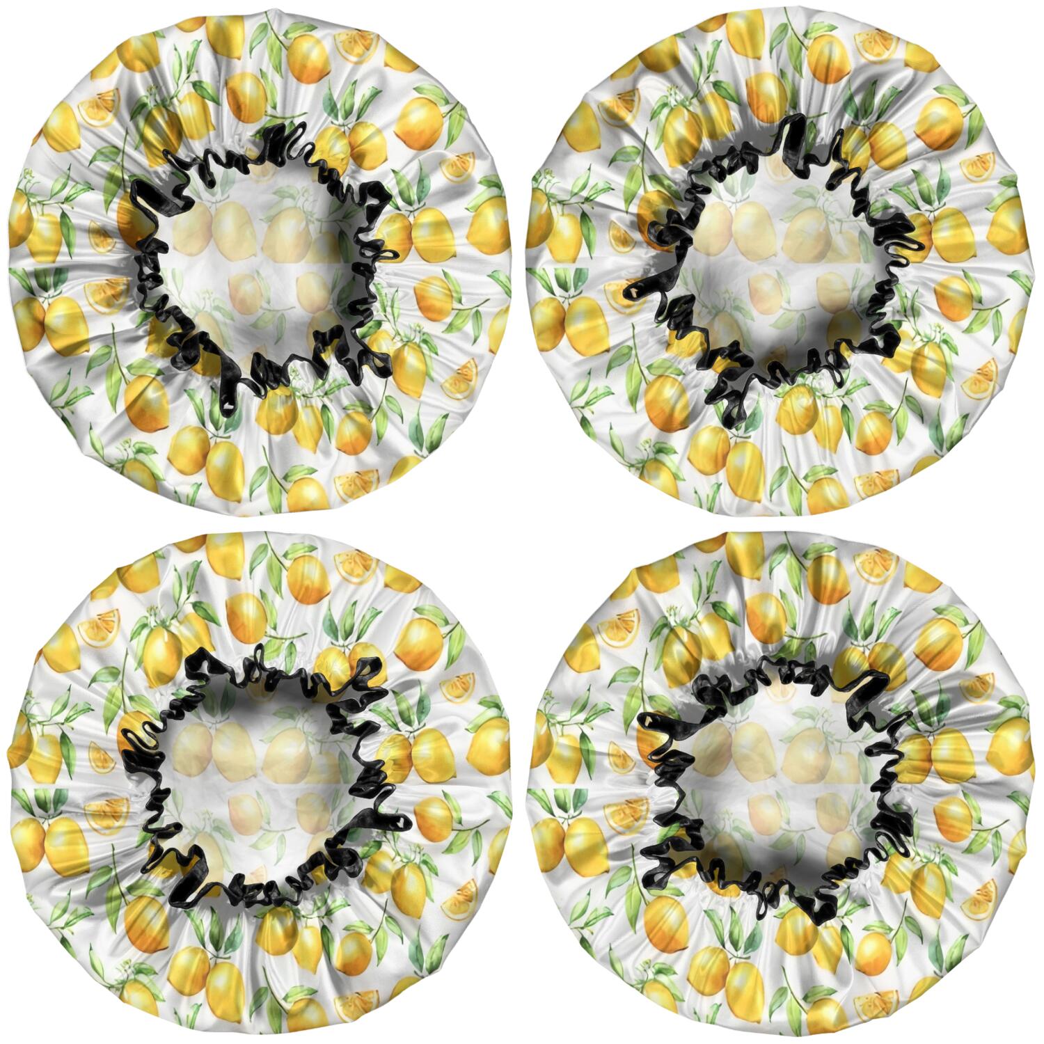 Shower Caps,Yellow Lemon Fruit Slices White Pattern Waterproof Shower Cap for Women 4 Pieces,Double Reusable Hair Cover for Shower PEVA Elastic Stretch Hem