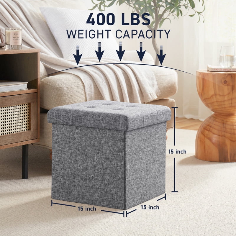 Ornavo Home 2 Pack 15 Inch Folding Storage Ottoman with Storage, Square Cube Linen Small Storage Ottoman Foot Rest Stool - Gray